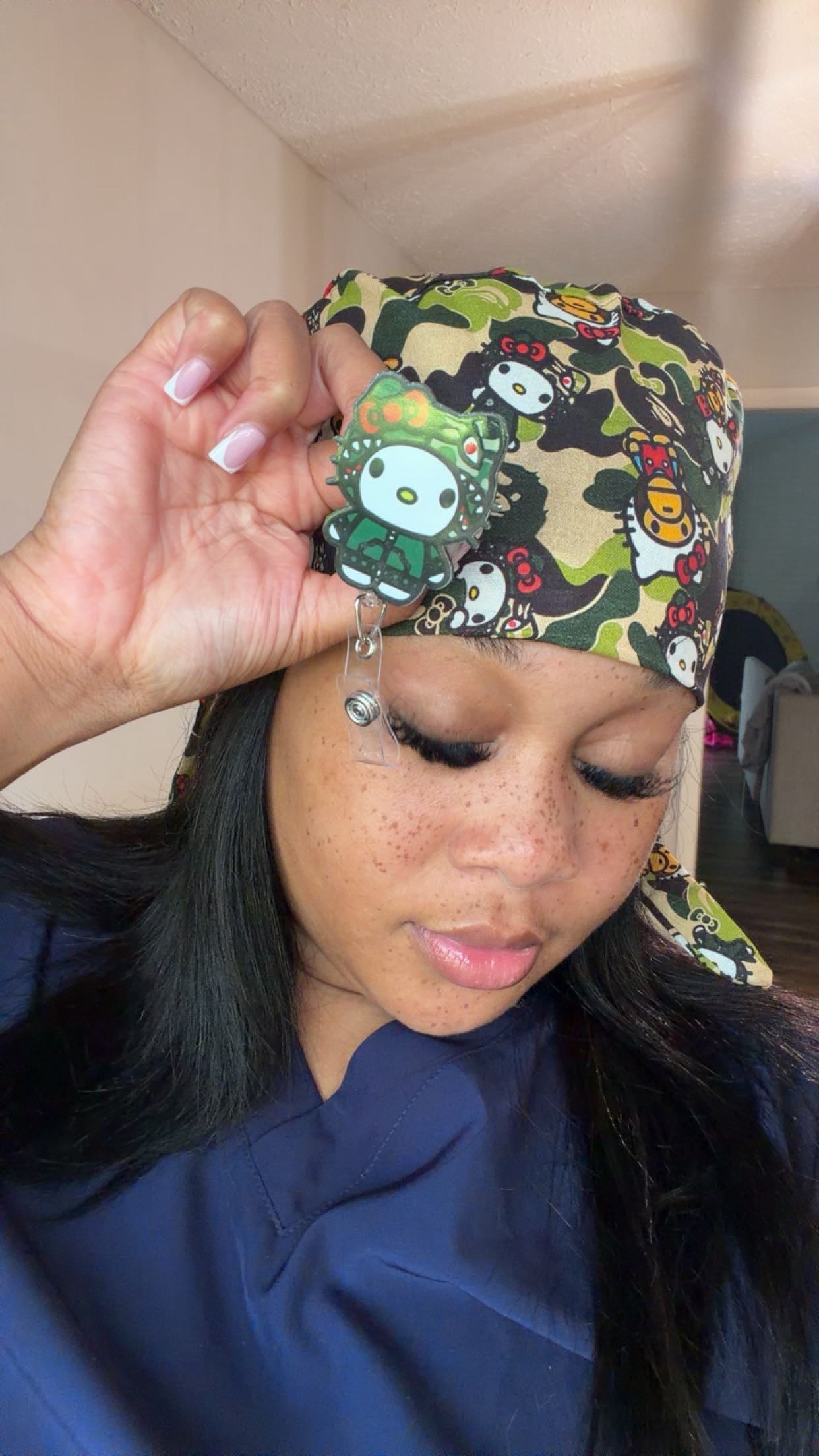 Green Camo Hello Kitty Scrub Cap & Badge Clip